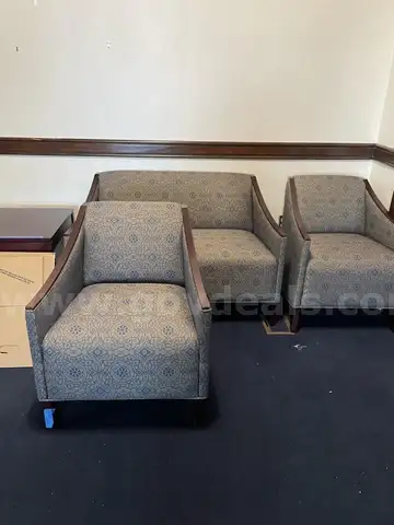 Navy and Gold Pattern Sofa with Cherry Wood Frame two side matching chairs