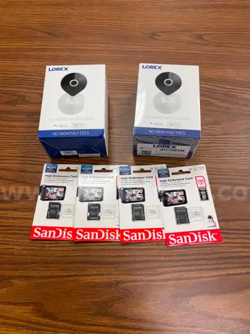 2 wi-fi security cameras and 4 256GB MicroSD cards