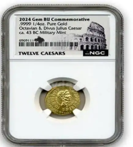 The Octavian &#x26; Divus Julius Portrait Aureus 2024 Restrike - 43BC, .9999 1/4oz Pure Gold