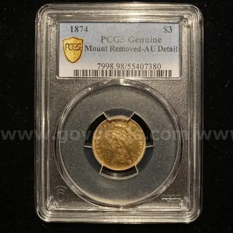 1874 $3 Princess Indian Gold Piece PCGS AU Detail About Uncirculated  ***Very Rare Gold Coin***