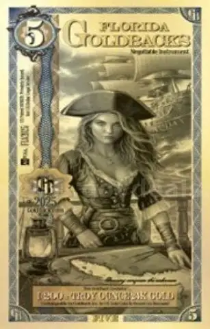 2025 5 Florida Goldback Pirate girl 24KT .999 Gold Foil Note 1/200th oz limited 1st edition.
