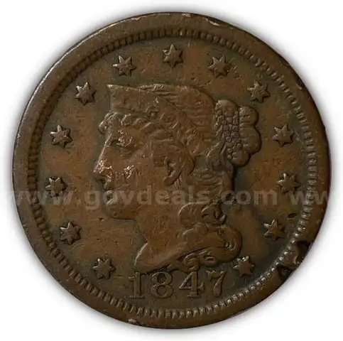 **ERROR COIN** 1847 CHIPPED  EDGES Braided Hair Large Cent Very Fine VF Coin