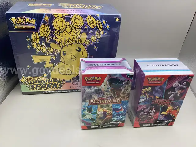 Lot of 3 Boxes of Pokemon, Scarlet &#x26; Violet Surging Sparks Elite Training Box, Paldea Evolved, Destined Rivals
