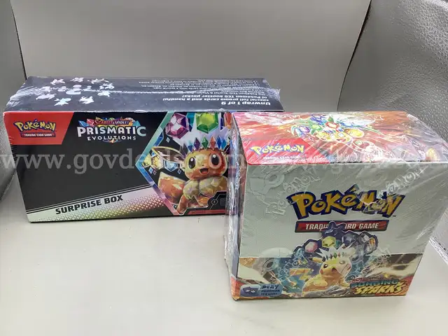 Lot of 2 Boxes of Pok&#xE9;mon Scarlet &#x26; Violet Prismatic Evolutions Surprise Box &#x26; Scarlet &#x26; Violet Surging Sparks