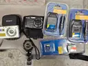 ASSORTED CAMERAS, SEWING MACHINE, WATCH, TIME RECORDER STAMP