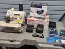 ASSORTED CAMERAS, SEWING MACHINE, WATCH, TIME RECORDER STAMP