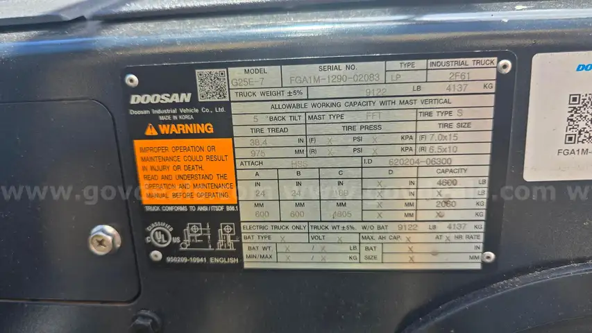 Doosan LPG Forklift G25E-7 &#x2013; 4,600 lb Capacity &#x2013; Operational &#x2013;