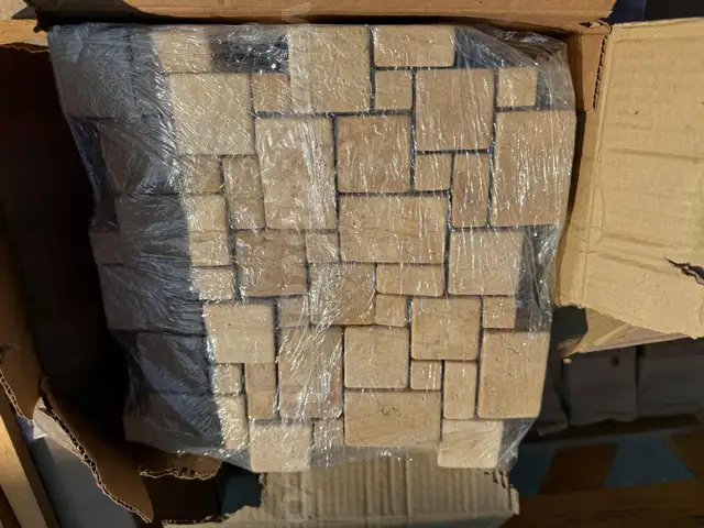 12&#x22;x12&#x22; Bone Travertine Mini Versailles Tumbled Interlocking Tile  330 qty