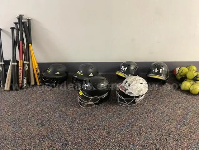 Group of Bats, Batting Helmets &#x26; Softballs
