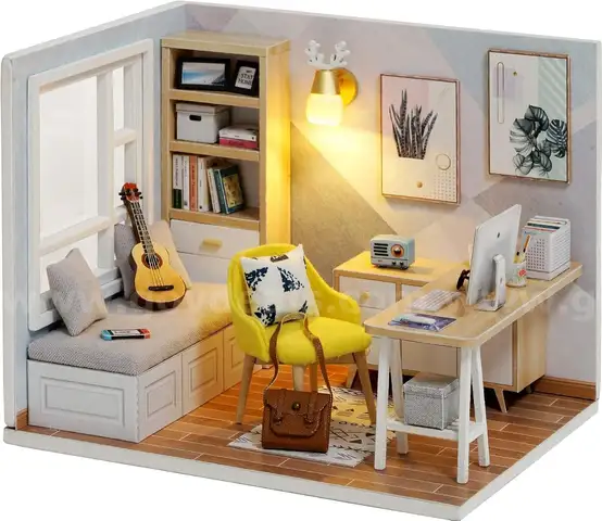 SHIPPING AVAILABLE DIY Miniature Room Box Kit "Sunshine Study" 3D Wooden Dollhouse with LED Lights (32-06)