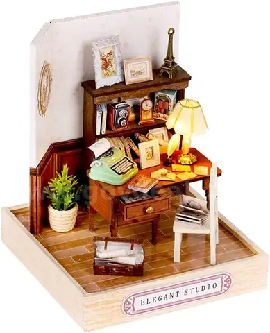 SHIPPING AVAILABLE DIY Miniature Kit – Retro Home Office Dollhouse with Typewriter and Chest | Dark Academia (32-07)