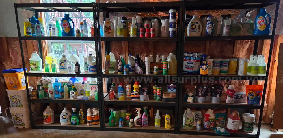 Massive mixed lot of cleaning products, including laundry detergent, dish soap, disinfectants, degreasers, sprays, powde