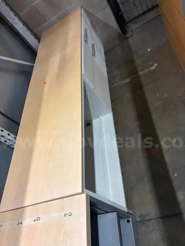 2 entertainment stands: 1 gray, 1 white