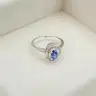 VINTAGE 14K WHITE GOLD SAPPHIRE &#x26; DIAMOND HALO RING - Size 7.5