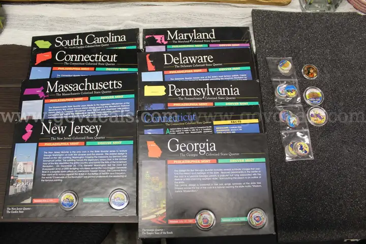 Large Lot of Colorized State Quarters - 13 Colonies Uncirculated Set, State Panels, Half Dollars, $1 Coin