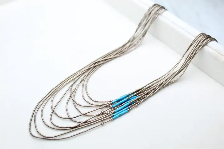 Antique Sterling Silver Liquid Silver & Turquoise Multi-Strand Necklace