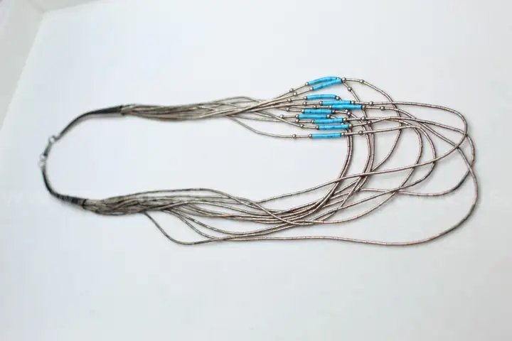 Antique Sterling Silver Liquid Silver & Turquoise Multi-Strand Necklace