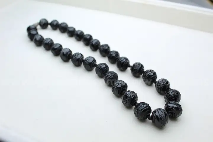 16 Inch Antique Carved Black Cinnabar Bead Mourning Necklace w/ Silver Clasp