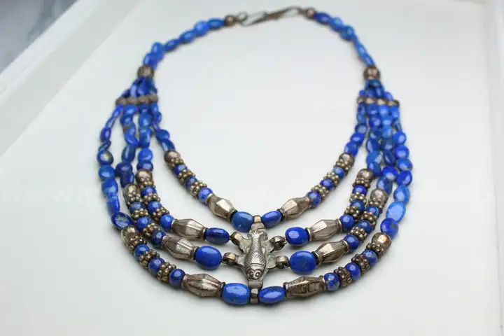 Antique Multi-Strand Lapis Lazuli Necklace w/ Sterling Silver Fish Motif
