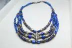 Antique Multi-Strand Lapis Lazuli Necklace w/ Sterling Silver Fish Motif