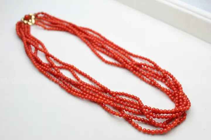 Vintage Six-Row Red Coral Bead Necklace w/ 14K Gold Clasp