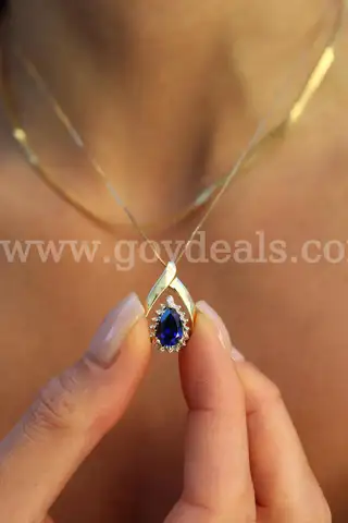 10K Yellow Gold 2ct Sri Lanka Sapphire Teardrop Halo Necklace – Vintage Estate – 18"