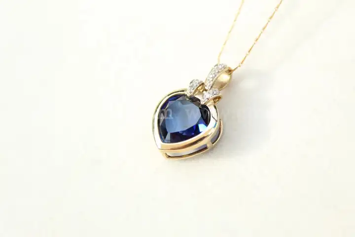 14K Gold Chain (13.6g) with 10K London Blue Sapphire Heart Pendant – Diamond Accent Bale – Vintage Estate