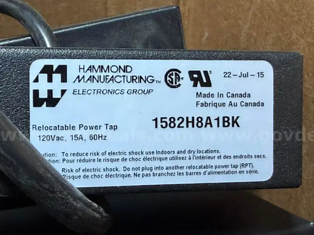 Lot 100 – Hammond Manufacturing 1582H8A1BK Rack Mount Power Bar (Used)