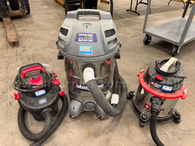 Vacuums, Shop Vac and Porter Cable Vacuums, Qty 3.