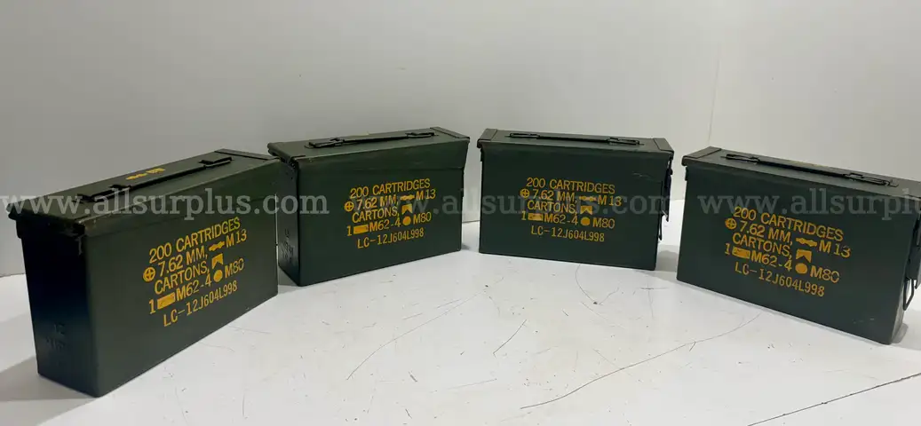 (LOT OF 4)  AMMO CANS EMPTY MILITARY METAL AMMO BOX 7.62MM FITS 200 CARTRIDGES