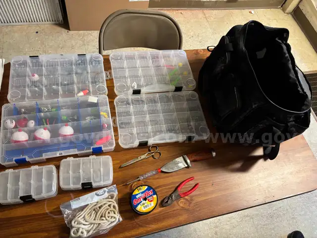 Realtree Fishing bag, lures, tackle storage boxes etc