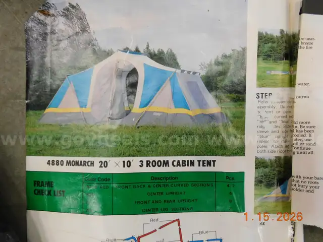 Rolling cots, tents, screenhouse, storage bins, truck bed box