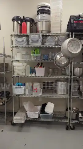 Commercial Chrome Wire Shelving Racks with Assorted Kitchen Supplies