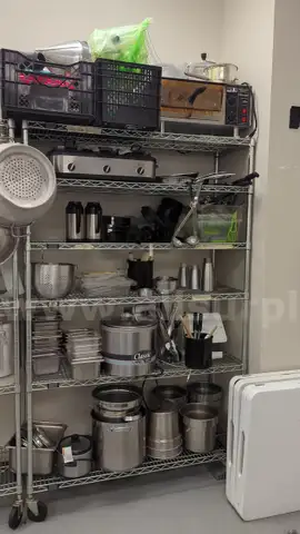 Commercial Kitchen Equipment Lot: Wire Shelves, Cookware, Supplies