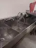 3 bowl stainless steel sink with faucets and spray head with side shelf right side