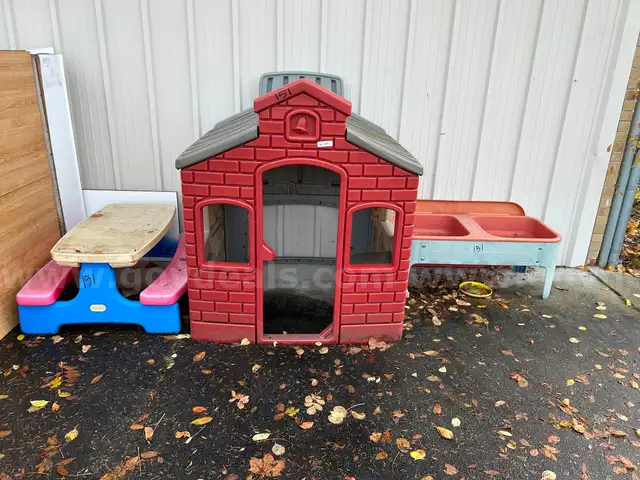 Lot of 3 - (1) Plastic Playhouse, (1) Little Tikes Picinic Table, (1) Sand Table