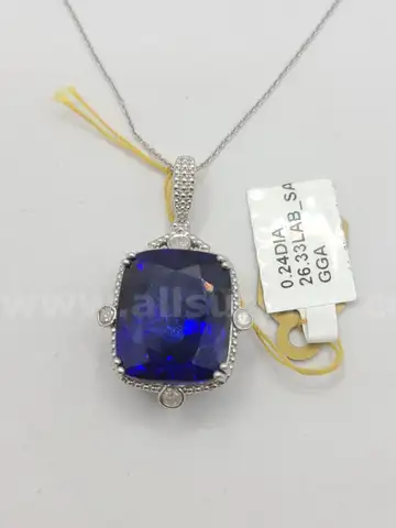 26.33ctw Lab Grown Sapphire Pendant Necklace With Natural Diamond