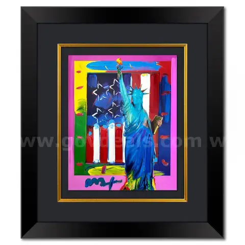 Peter Max, "Lberty with Flag" Mixed Media Fine Art