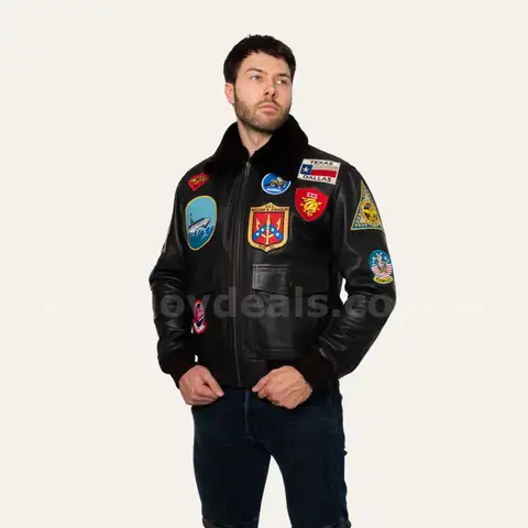 Men’s Genuine Leather Top Gun Bomber Jacket with Patches /  real cowhide leather