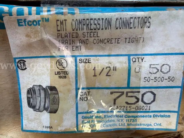 GOULD EFCOR EMT Compression Connectors Plated Steel (RAIN AND CONCRETE TIGHT) FOR EMT 1/2" Cat.No.750 D.C.20700 (50-Pk)