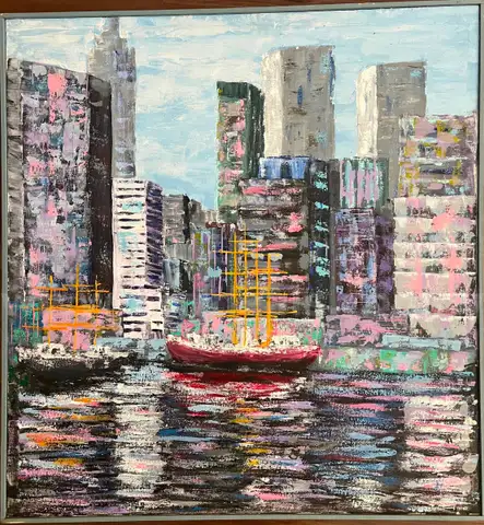 Fine artwork from 1987 Framed oil on canvas “NYC” signed 30"x29" *will ship*