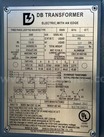 Transformer, Step Down, 2,600 kVA, HV 34,500V, LV 416Y/240, 3PH, 60HZ, Used, Qty 1