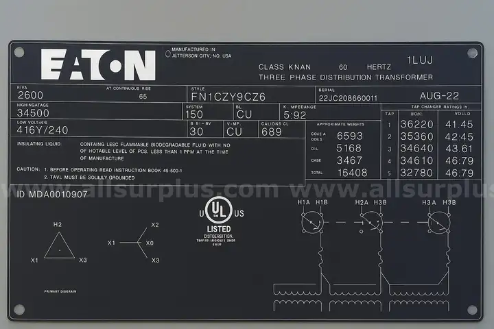Transformer, Step Down, 2,600 RIVA, HV 34,500V, LV 416Y/240, 3PH, 60HZ, Used, Qty 1