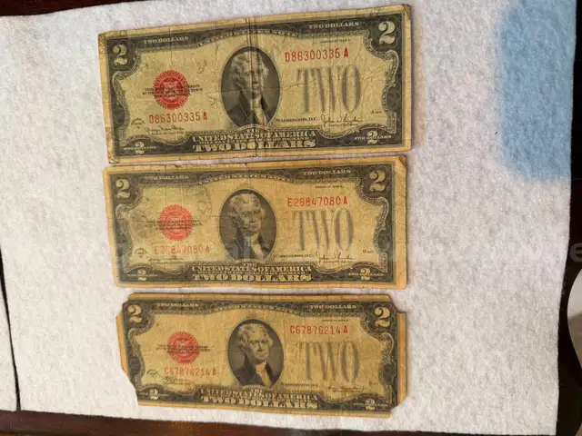 "3" 1928 $2 bills well circulated