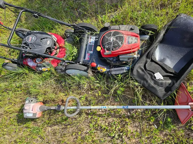 2 lawn mowers and Weed Eater