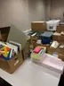 Lot of standing desk converters and office supplies