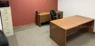 office furniture lot, desks, chairs, filing cabinets, phones, bookshelf, credenza
