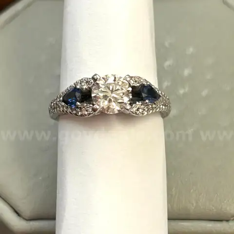 Platinum Engagement Ring &#x2013; 0.90ct GIA Round Diamond (G/SI2) + Sapphires &#x26; Accents
