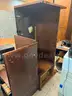 L-shaped desk, bookcase, small filing cabinet, and desktop printer