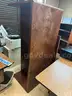 L-shaped desk, bookcase, small filing cabinet, and desktop printer